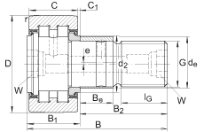 螺栓型滾輪 PWKRE47-2RS, 軸向引導(dǎo)，滿裝圓柱滾子，帶偏心擋圈，兩側(cè)唇密封