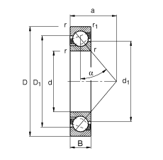 角接觸球軸承 71808-B-TVH, 根據(jù) DIN 628-1 標(biāo)準(zhǔn)的主要尺寸，接觸角 α = 40°