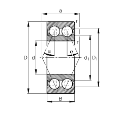 角接觸球軸承 3002-B-TVH, 雙列，接觸角 α = 25°