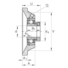 軸承座單元 PCJ25-N-FA125, 帶四個螺栓孔的法蘭的軸承座單元，鑄鐵，偏心鎖圈，P型密封，耐腐蝕保護(hù)